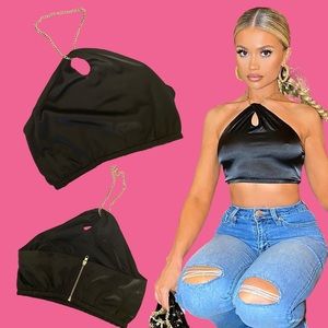 (Size S) Y2K Black Satin Crop Top